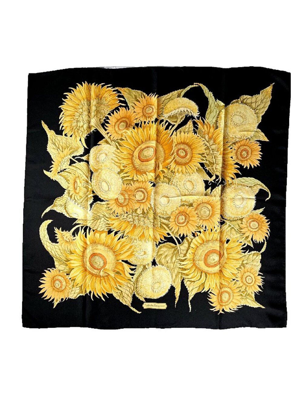 Salvatore Ferragamo Sunflower Silk Scarf Black Gold Floral Italy
